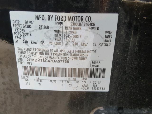 2FMDK38C47BA57768 - 2007 FORD EDGE SEL BLACK photo 10