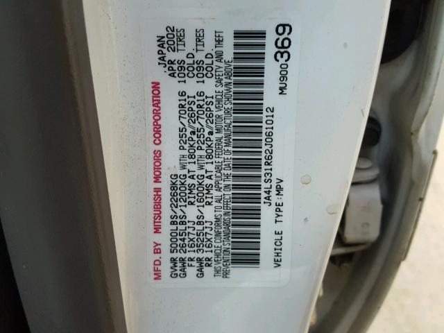 JA4LS31R62J061012 - 2002 MITSUBISHI MONTERO SP WHITE photo 10