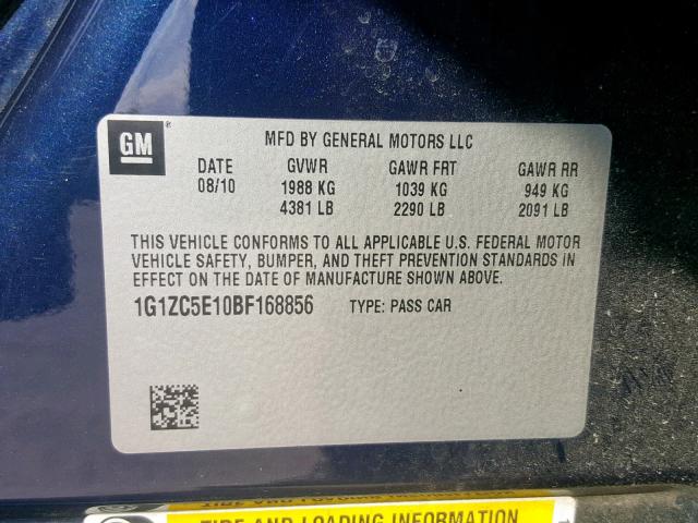 1G1ZC5E10BF168856 - 2011 CHEVROLET MALIBU 1LT 蓝色 照片 10