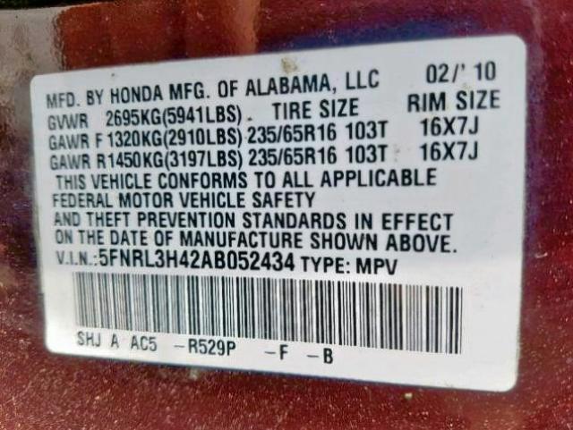 5FNRL3H42AB052434 - 2010 HONDA ODYSSEY EX BURGUNDY photo 10