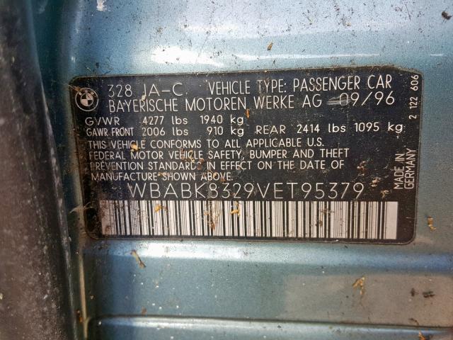 WBABK8329VET95379 - 1997 BMW 328 IC AUT TEAL photo 10