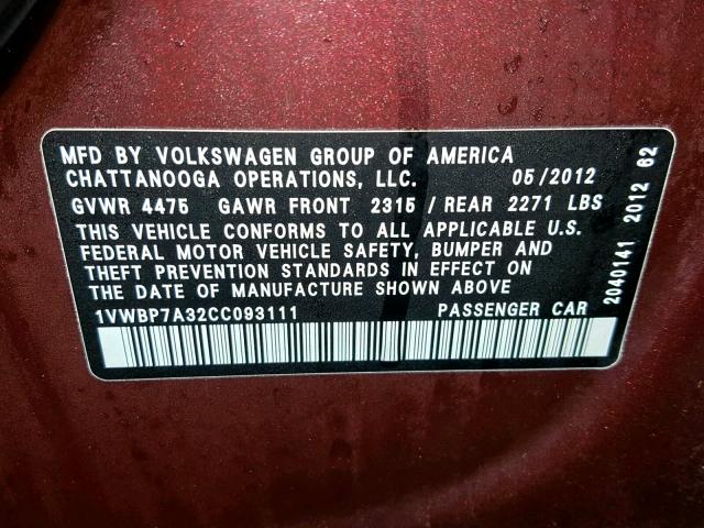 1VWBP7A32CC093111 - 2012 VOLKSWAGEN PASSAT SE MAROON photo 10