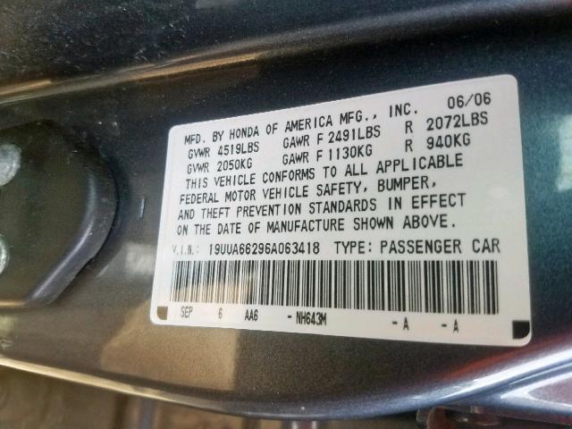 19UUA66296A063418 - 2006 ACURA 3.2TL SILVER photo 10