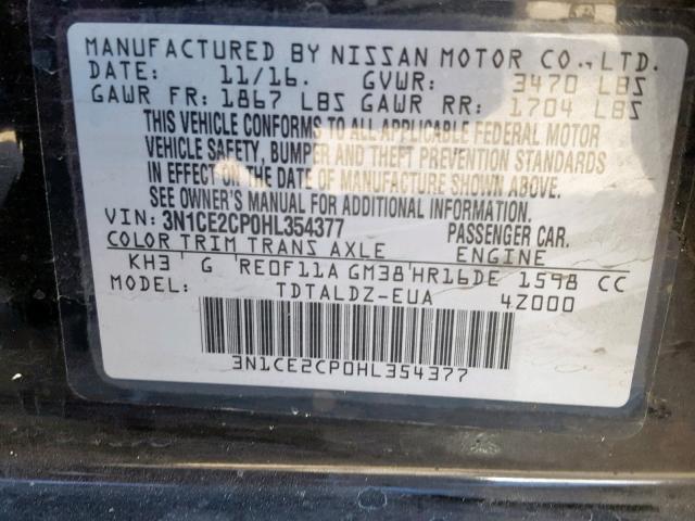 3N1CE2CP0HL354377 - 2017 NISSAN VERSA NOTE BLACK photo 10