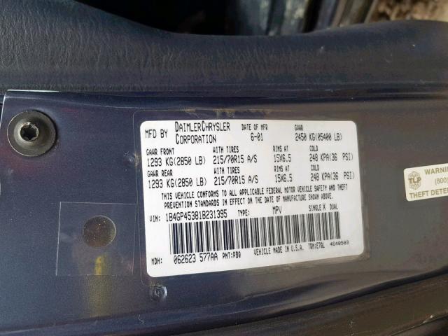 1B4GP45381B231395 - 2001 DODGE CARAVAN SP BLUE photo 10