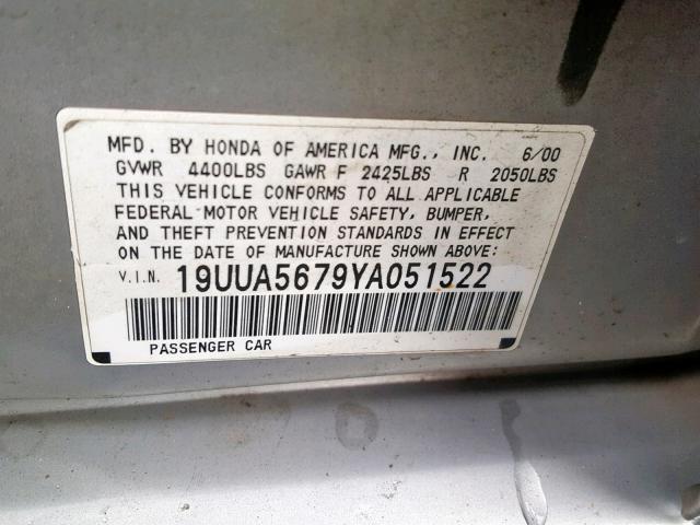 19UUA5679YA051522 - 2000 ACURA 3.2TL GRAY photo 10