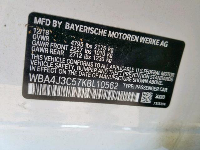 WBA4J3C57KBL10562 - 2019 BMW 430XI GRAN WHITE photo 10