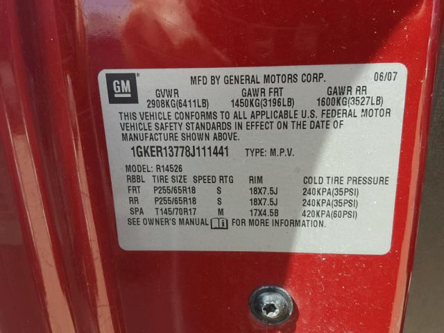 1GKER13778J111441 - 2008 GMC ACADIA SLE RED photo 10