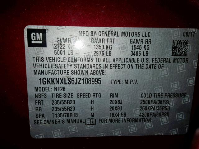 1GKKNXLS6JZ108995 - 2018 GMC ACADIA DEN RED photo 10