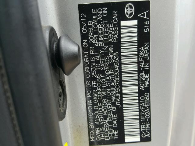 JTKJF5C70D3045638 - 2013 TOYOTA SCION TC 银色 照片 10