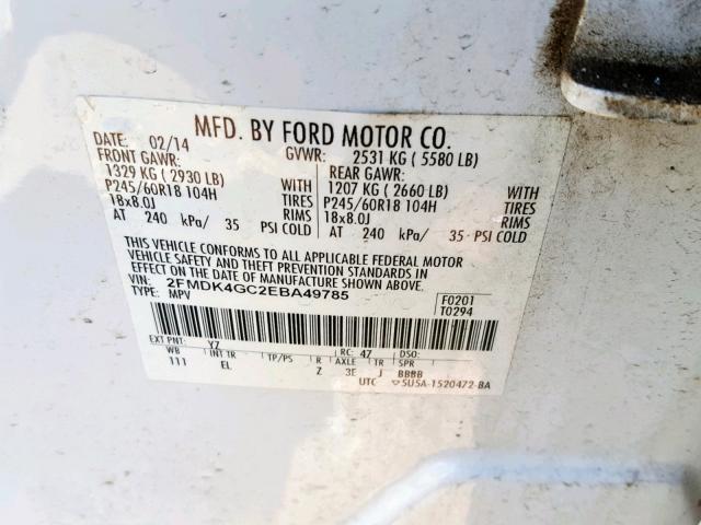 2FMDK4GC2EBA49785 - 2014 FORD EDGE SE WHITE photo 10