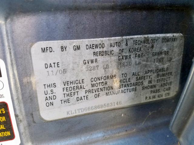 KL1TD66686B583146 - 2006 CHEVROLET AVEO BASE ლურჯი ფოტო 10