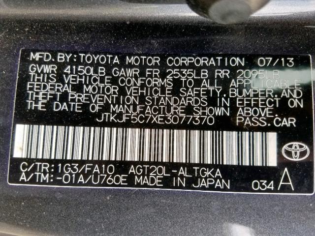 JTKJF5C7XE3077370 - 2014 TOYOTA SCION TC ნაცრისფერი ფოტო 10