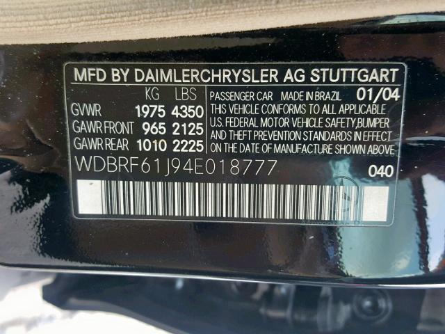 WDBRF61J94E018777 - 2004 MERCEDES-BENZ C 240 BLACK photo 10