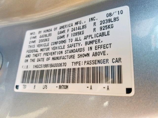 1HGCS1B81BA000670 - 2011 HONDA ACCORD EXL SILVER photo 10