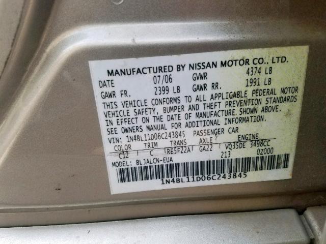 1N4BL11D06C243845 - 2006 NISSAN ALTIMA SE GOLD photo 10