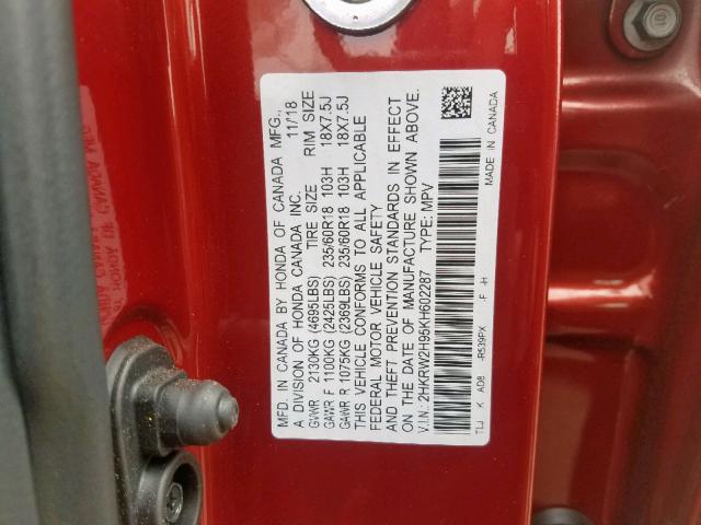 2HKRW2H95KH602287 - 2019 HONDA CR-V TOURI RED photo 10