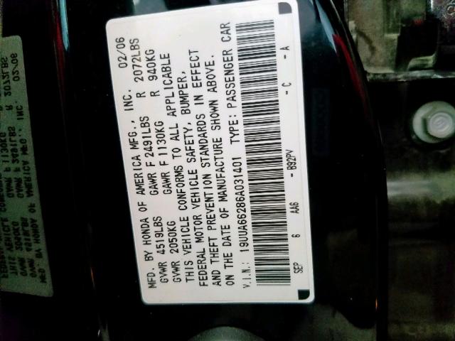 19UUA66286A031401 - 2006 ACURA 3.2TL BLACK photo 10