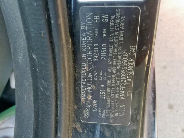 KNAFE221095656032 - 2009 KIA SPECTRA EX BLACK photo 10