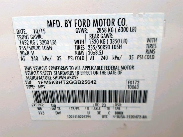 1FM5K8HT2GGB25642 - 2016 FORD EXPLORER P WHITE photo 10