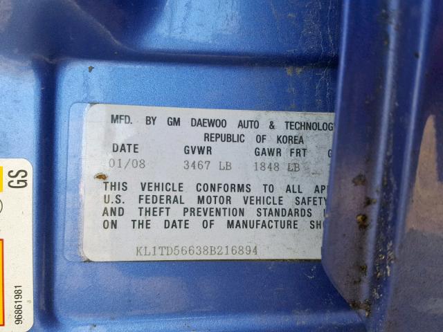 KL1TD56638B216894 - 2008 CHEVROLET AVEO BASE Mavi foto 10