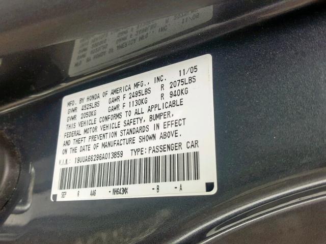 19UUA66296A013859 - 2006 ACURA 3.2TL GRAY photo 10