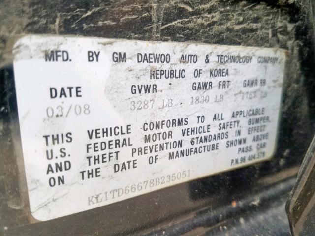 KL1TD66678B235051 - 2008 CHEVROLET AVEO BASE Қара фото 10