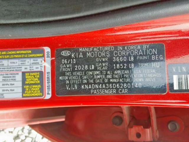 KNADN4A36D6280140 - 2013 KIA RIO EX RED photo 10