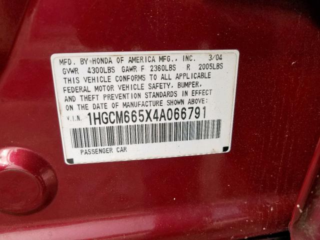 1HGCM665X4A066791 - 2004 HONDA ACCORD EX MAROON photo 10