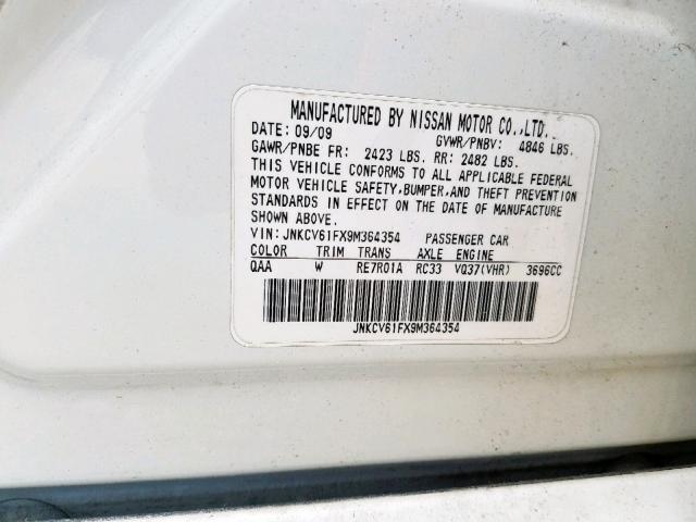 JNKCV61FX9M364354 - 2009 INFINITI G37 WHITE photo 10