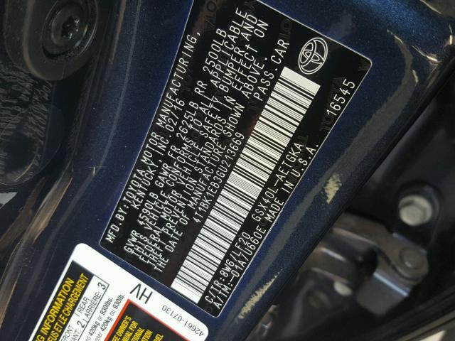 4T1BK1EB3GU213669 - 2016 TOYOTA AVALON XLE BLUE photo 10