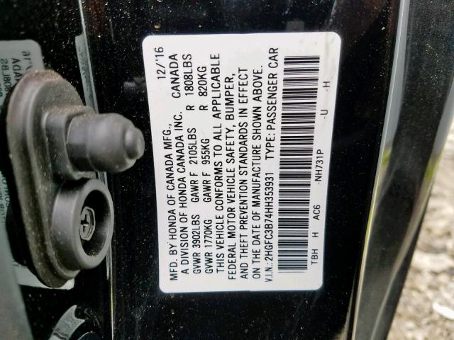 2HGFC3B74HH353931 - 2017 HONDA CIVIC EXL შავი ფოტო 10