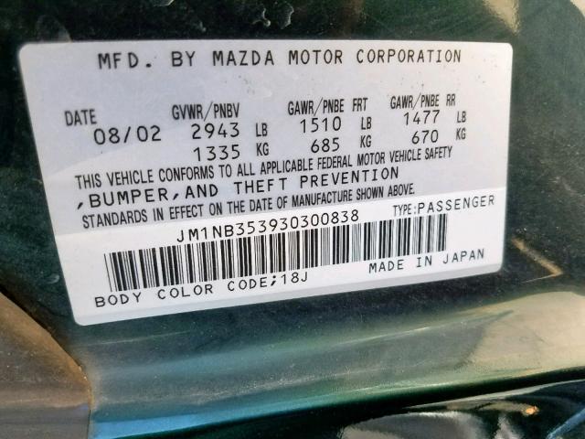 JM1NB353930300838 - 2003 MAZDA MX-5 MIATA GREEN photo 10