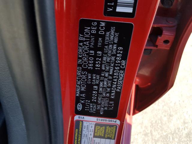 KNADN4A38D6198829 - 2013 KIA RIO EX RED photo 10