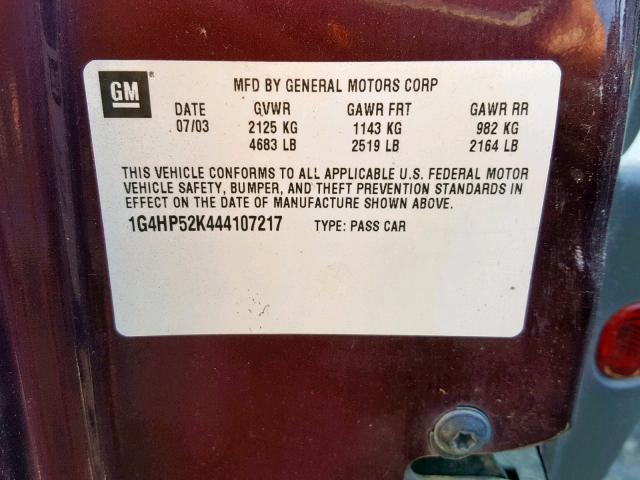 1G4HP52K444107217 - 2004 BUICK LESABRE CU MAROON photo 10