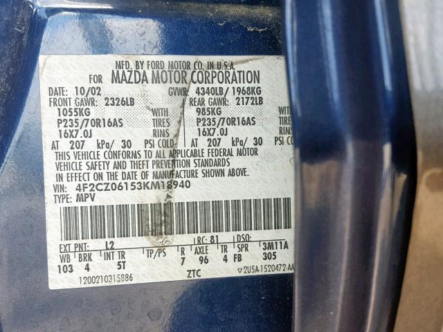 4F2CZ06153KM18940 - 2003 MAZDA TRIBUTE ES 蓝色 照片 10