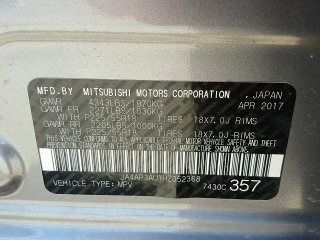 JA4AP3AU1HZ052368 - 2017 MITSUBISHI OUTLANDER SILVER photo 10