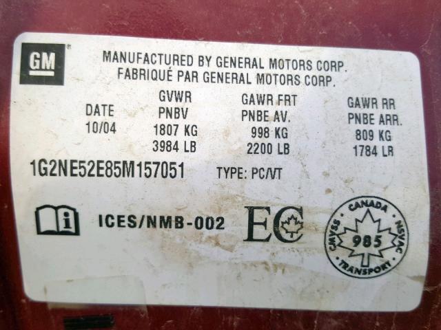 1G2NE52E85M157051 - 2005 PONTIAC GRAND AM S MAROON photo 10