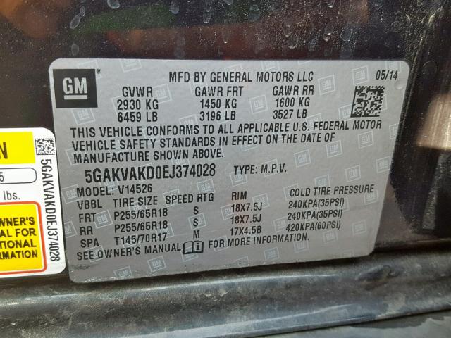 5GAKVAKD0EJ374028 - 2014 BUICK ENCLAVE BLACK photo 10