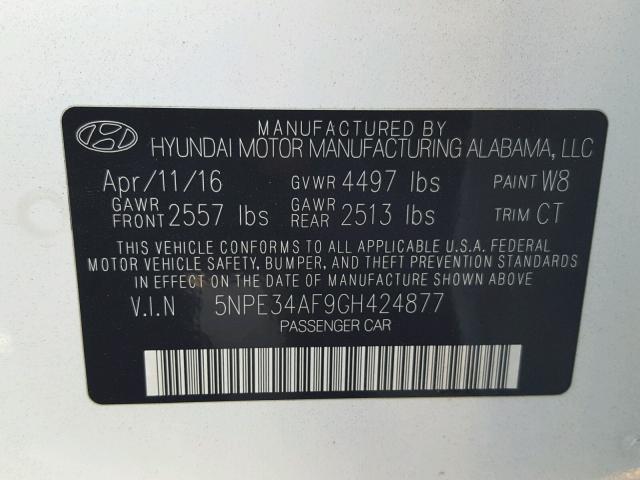 5NPE34AF9GH424877 - 2016 HYUNDAI SONATA SPO WHITE photo 10