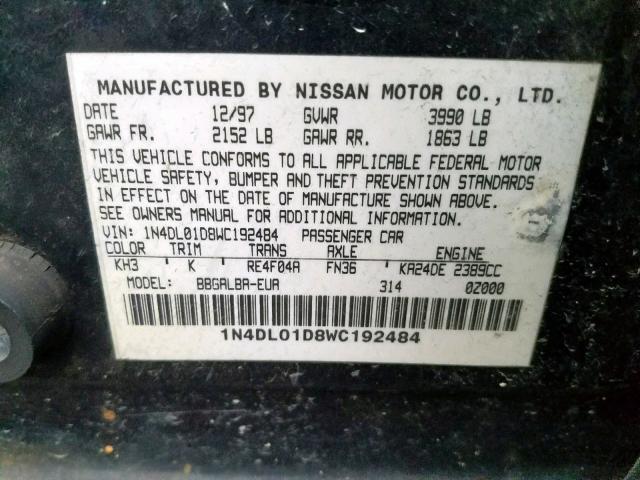 1N4DL01D8WC192484 - 1998 NISSAN ALTIMA XE BLACK photo 10