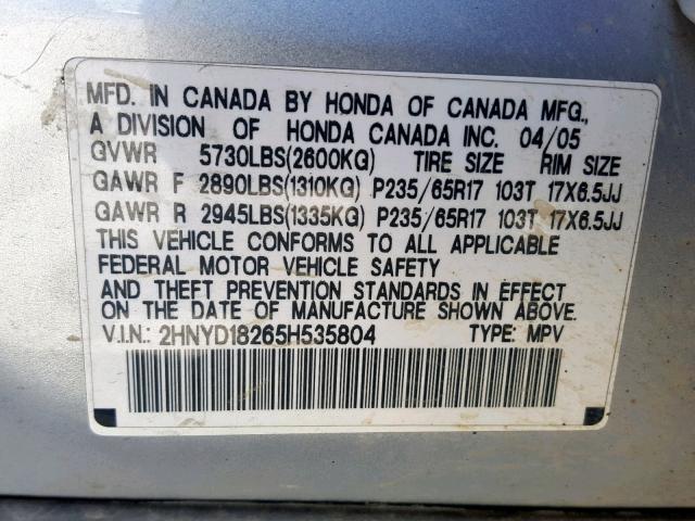 2HNYD18265H535804 - 2005 ACURA MDX SILVER photo 10