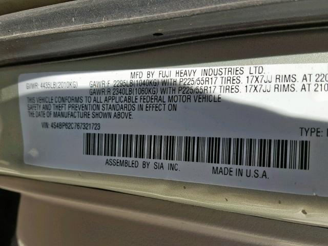 4S4BP62C767321723 - 2006 SUBARU LEGACY OUT GOLD photo 10