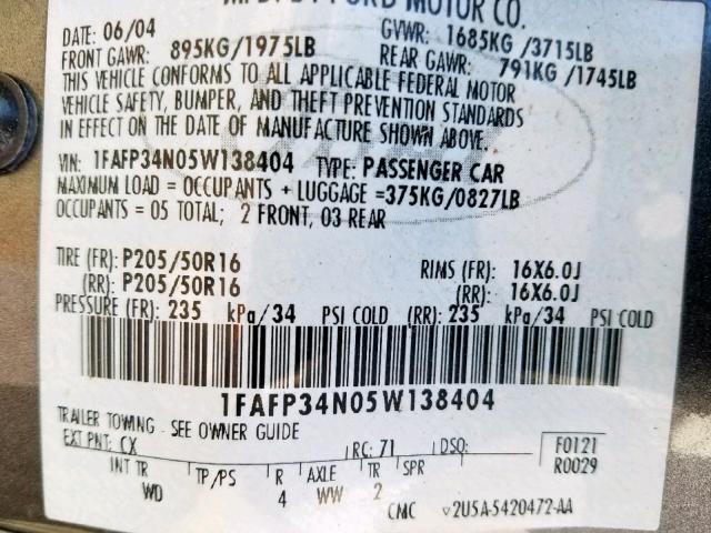 1FAFP34N05W138404 - 2005 FORD FOCUS ZX4 GRAY photo 10