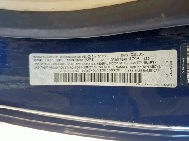 3VWCM31Y25M359780 - 2005 VOLKSWAGEN NEW BEETLE BLUE photo 10