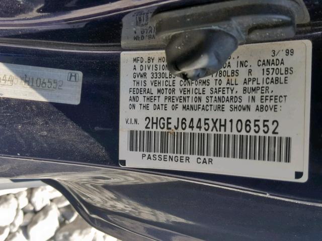 2HGEJ6445XH106552 - 1999 HONDA CIVIC DX BLUE photo 10