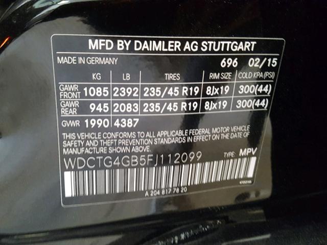 WDCTG4GB5FJ112099 - 2015 MERCEDES-BENZ GLA 250 4M BLACK photo 10