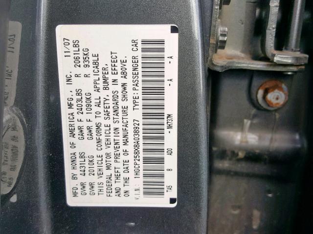 1HGCP258X8A038927 - 2008 HONDA ACCORD EXL GRAY photo 10