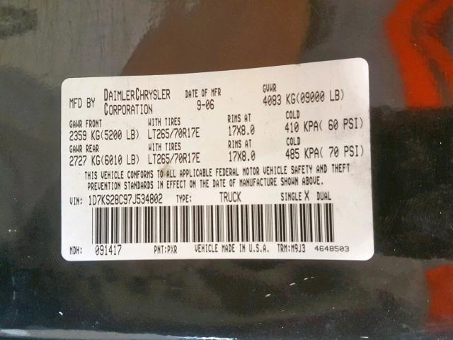 1D7KS28C97J534802 - 2007 DODGE RAM 2500 S შავი ფოტო 10