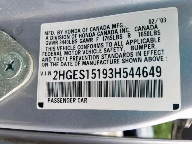 2HGES15193H544649 - 2003 HONDA CIVIC DX SILVER photo 10